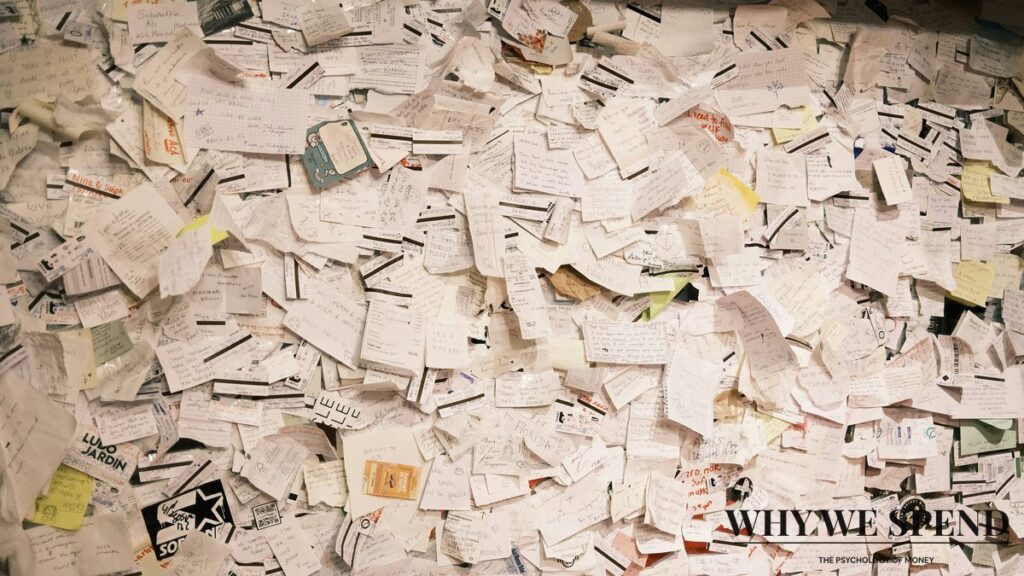 Shopping receipts and temporary purchases scattered on a table representing temporary spending habits