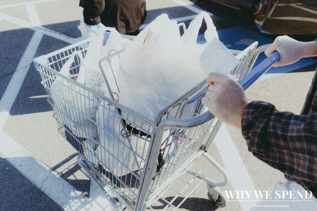 Shopping cart overflowing with duplicate household items