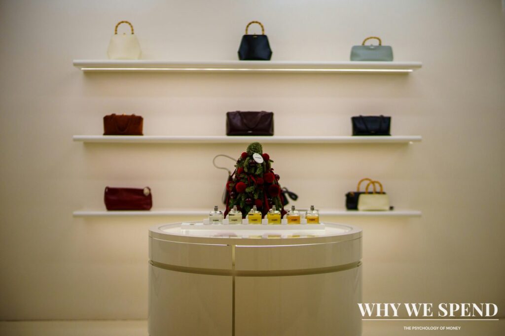 Display of luxury handbags in high-end retail boutique