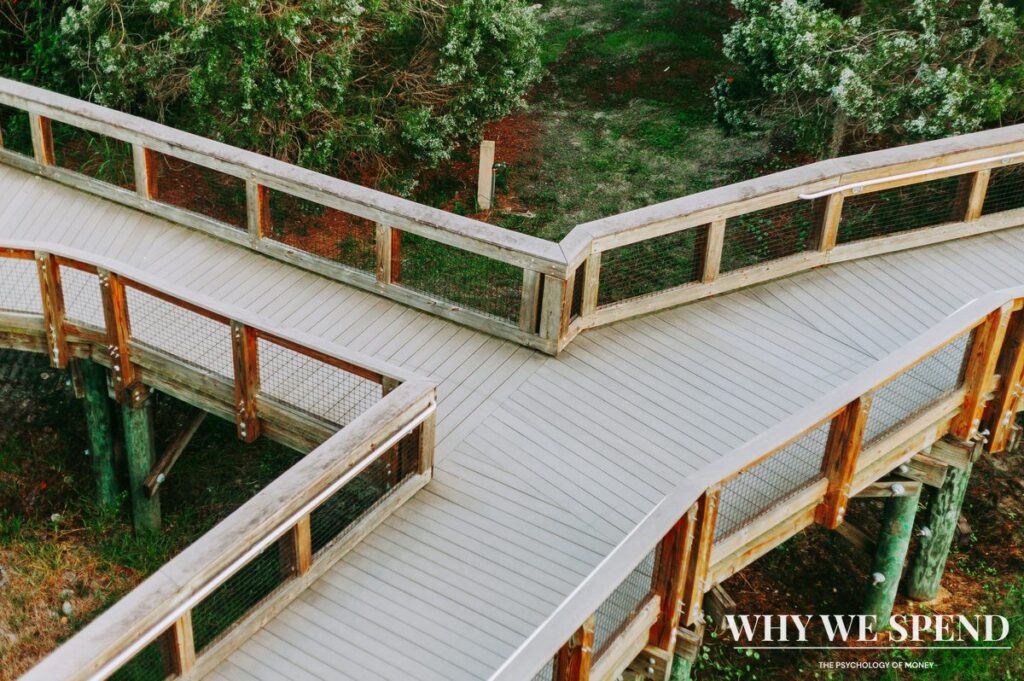 Aerial view of a forking wooden boardwalk representing the crossroads of financial decision-making