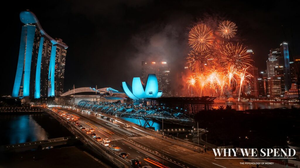 Fireworks over Singapore skyline during national celebration