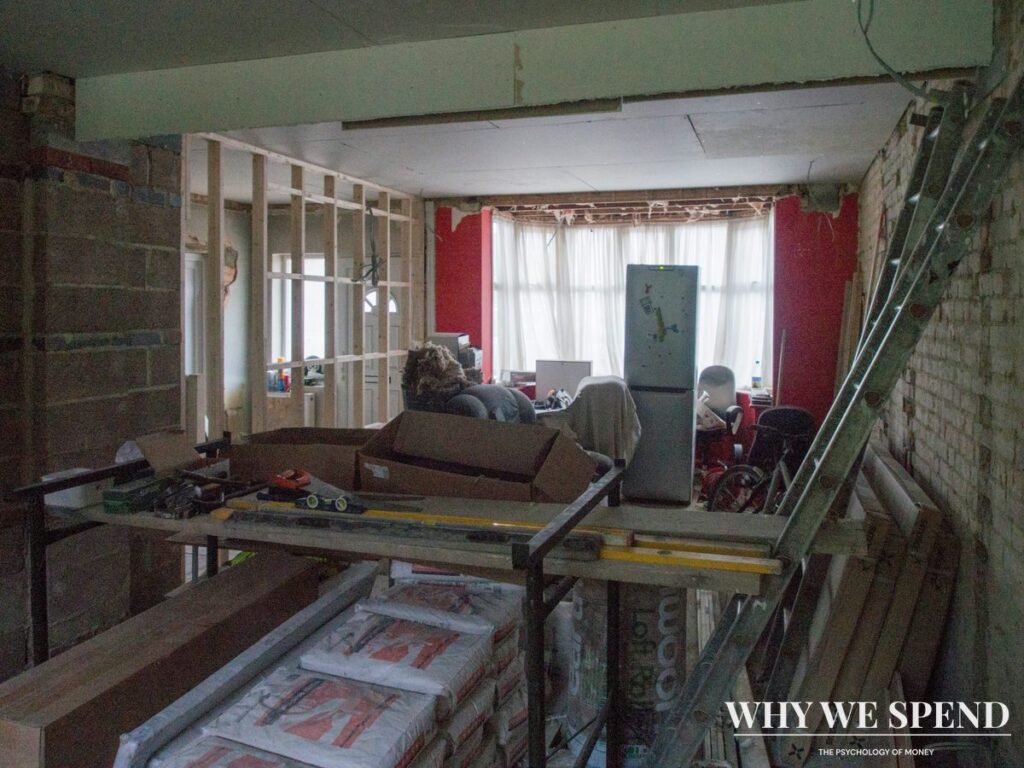 Messy home renovation project with tools and unfinished work