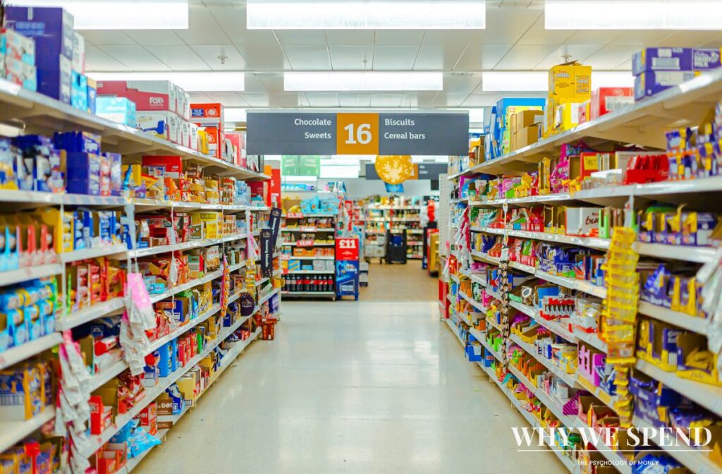 Multiple product sizes and variations displayed on supermarket shelves showing pricing complexity