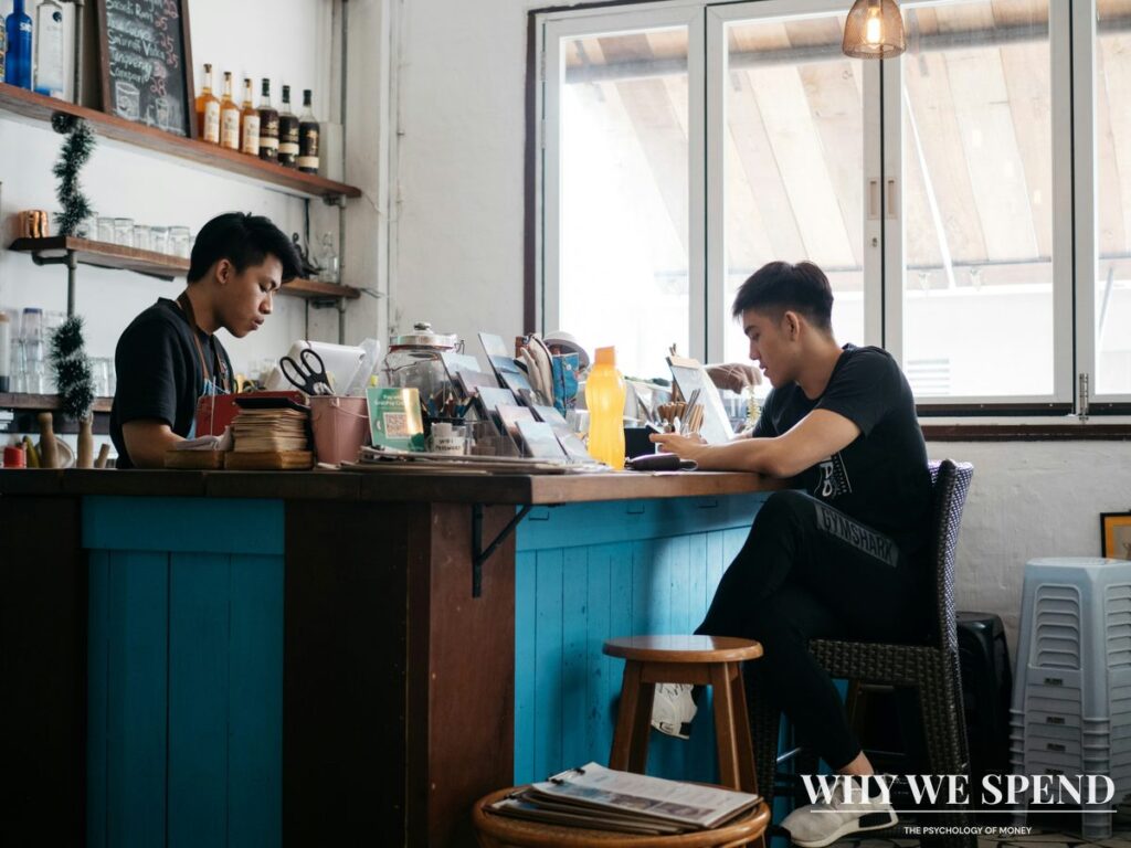 Group of friends enjoying coffee and food together at local Malaysian coffeeshop
