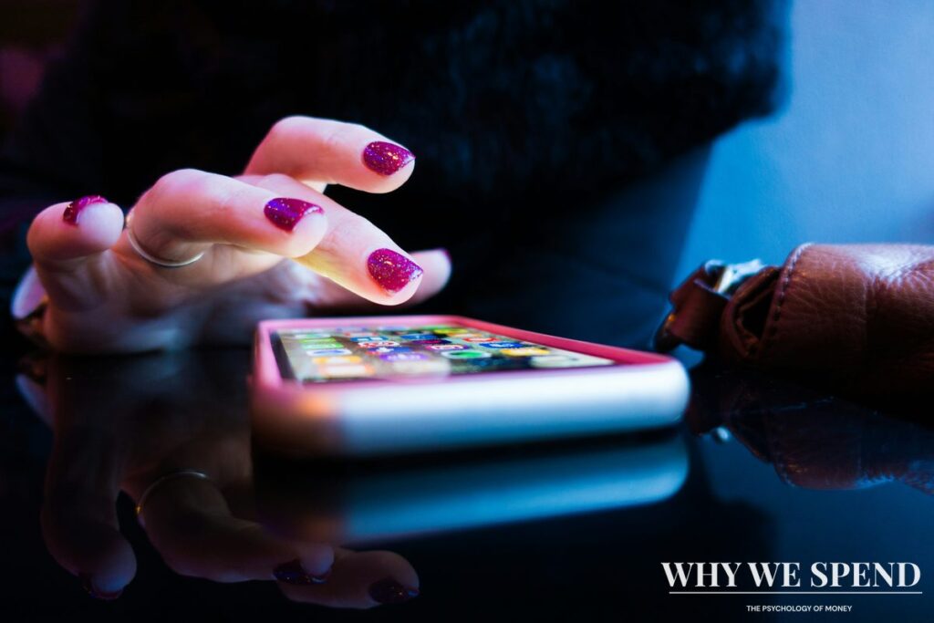 Person checking mobile phone app prices with concerned expression