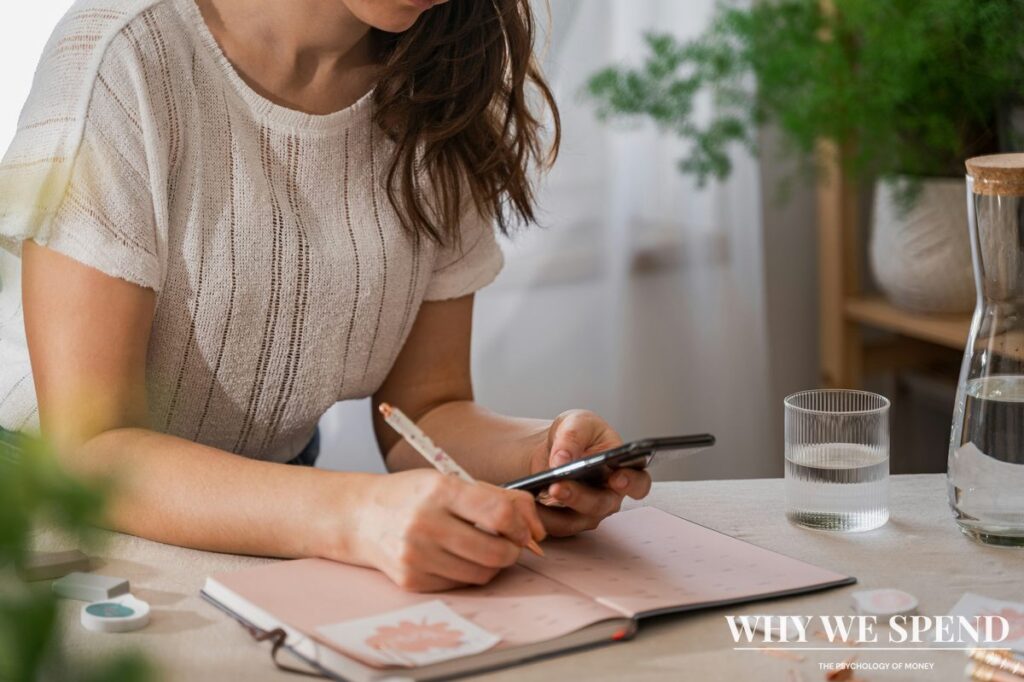 Woman calmly planning budget with notebook and calculator