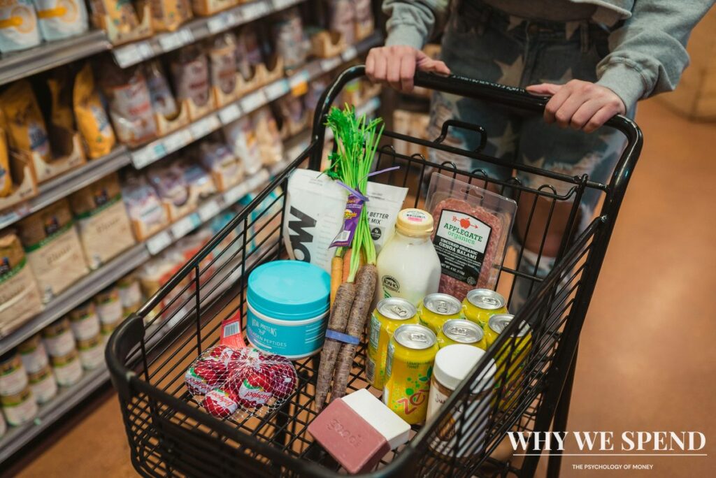 Overflowing shopping cart with bulk purchases during inflation concerns