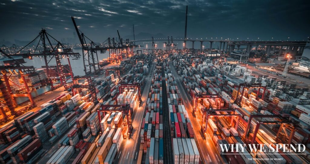 Stacked shipping containers at port representing supply chains