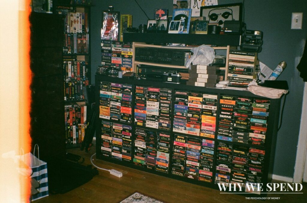 Overcrowded shelves packed with collectible items showing accumulation