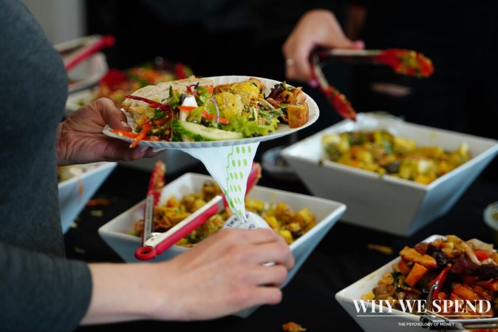 Multiple plates of food at buffet restaurant